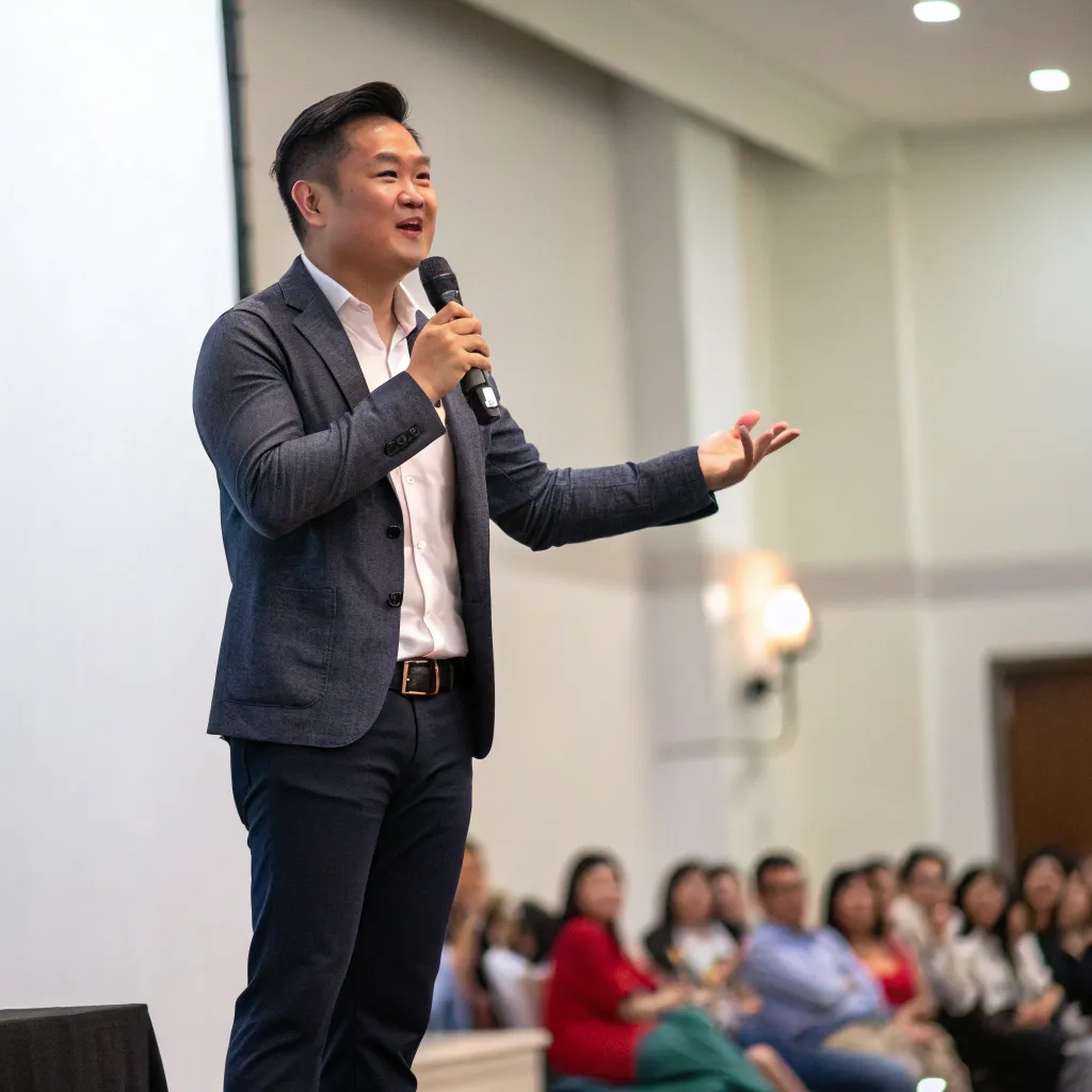 Sam Chen delivering a speech